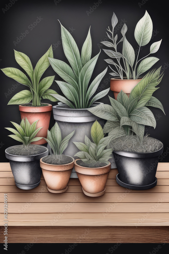 Fototapeta premium A row of houseplants in flowerpots on a wooden table in front of a blackboard.