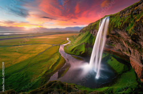 The majestic vaulting waterfall of the circular shape is located in an enchanting valley with lush green grass and vibrant colors of sunset sky.
