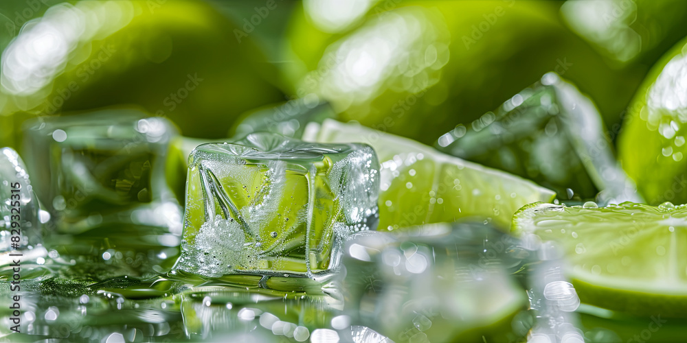 close up of green limes and ice cubes, generative AI close up of green limes and ice cubes, generative AI