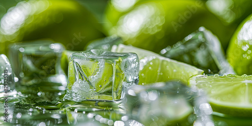 close up of green limes and ice cubes, generative AI