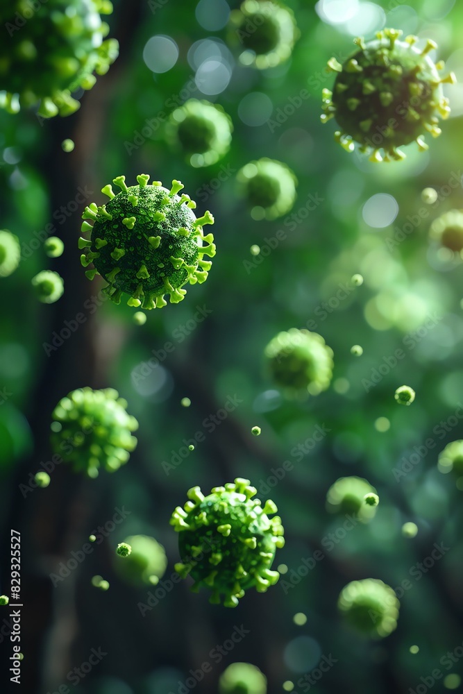 3D render of a medical with virus cells bacteria. Multiple realistic coronavirus particles floating