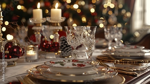 Elegant Christmas table settings adorned with fine china and holiday accents  where sparkling silverware and crystal glass gleam. Generative AI.