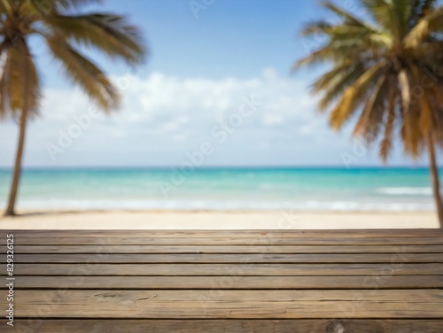 Wooden table with blurry beach summer background © Tayyab
