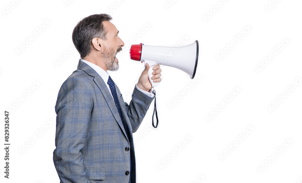 Business man has conflict with partner about promotion. Businessman announce rivalry. Business conflict. Businessman shouting on employee in loudspeaker isolated on white. Policy disputes Business man has conflict with partner about promotion. Businessman announce rivalry. Business conflict. Businessman shouting on employee in loudspeaker isolated on white. Policy disputes