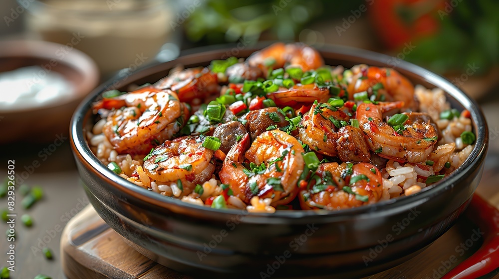 A bowl of spicy jambalaya, filled with shrimp, sausage, and rice. A bowl of spicy jambalaya, filled with shrimp, sausage, and rice.