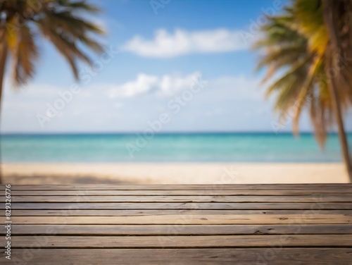 Wooden table with blurry beach summer background