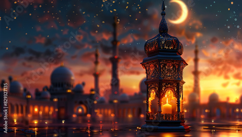 A 3D illustration shows a glowing lantern with a mosque and crescent moon in the background. Ramadan Kareem, Mawlid, Iftar, Eid al-Fitr, Eid al-Adha, and Muharram. Generative AI.