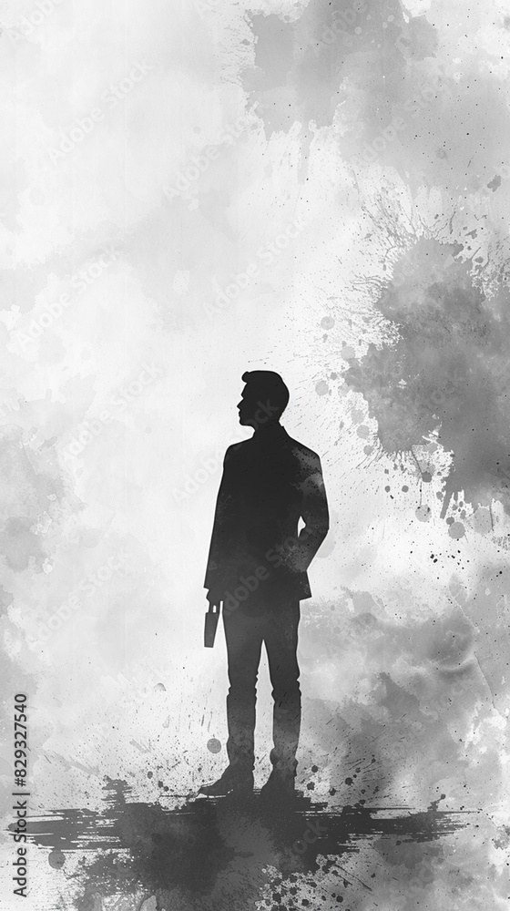 Fototapeta premium Silhouette of a Man Holding an Object on Abstract Splattered Background - Concept Art for Posters, Cards, Prints