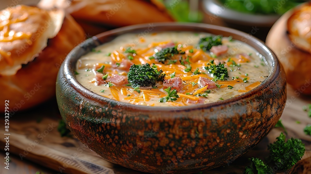 A bowl of creamy broccoli cheddar soup, served in a bread bowl. A bowl of creamy broccoli cheddar soup, served in a bread bowl.