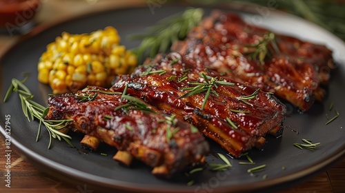 A plate of juicy barbecue ribs, served with cornbread.