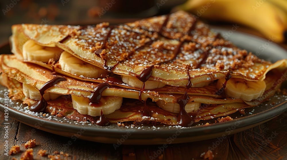 A serving of delicate crepes, filled with Nutella and bananas. A serving of delicate crepes, filled with Nutella and bananas.