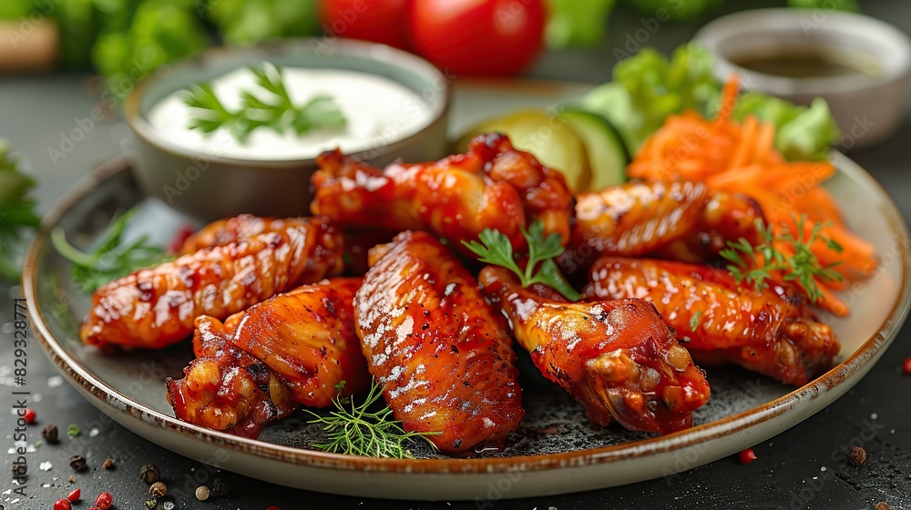 A plate of zesty buffalo wings, served with ranch dressing.