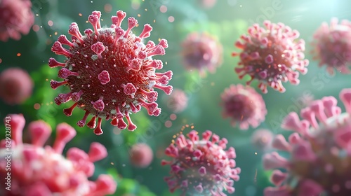 3D render of a medical with virus cells bacteria. Multiple realistic coronavirus particles floating