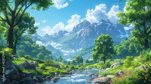 A serene mountain landscape with lush greenery, a clear flowing stream, and blue skies filled with fluffy clouds, creating a tranquil natural scene.