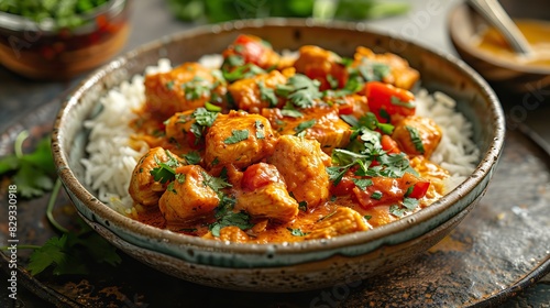 A plate of spicy curry chicken, served with rice.