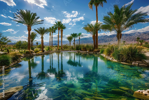 A desert oasis with palm trees and a clear blue pond.