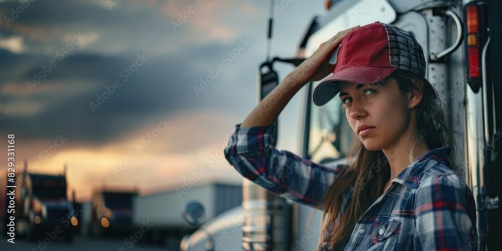Caucasian female truck driver adjusting her cap beside her truck during a sunset, with a reflective expression and trucks in the background.