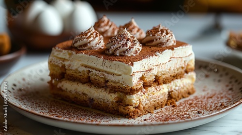 A serving of rich tiramisu  dusted with cocoa powder.