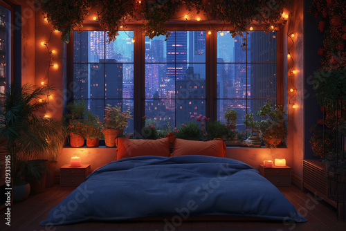 flat art ,a cozy room, loft place and lights, big windows, city landscape, midnight, 