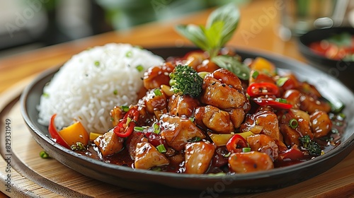 A plate of spicy kung pao chicken, served with rice. photo