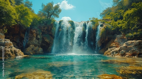 Fototapeta Naklejka Na Ścianę i Meble -  The view of the waterfall is beautiful and cool