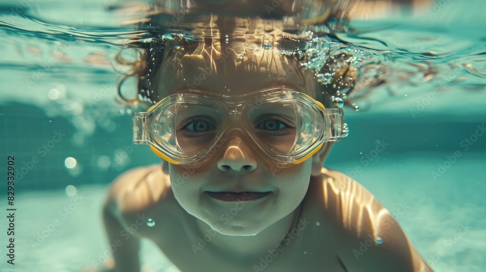 Naklejka premium The child is having fun, swimming, diving in the pool with safety glasses. Entertainment during the summer holidays.