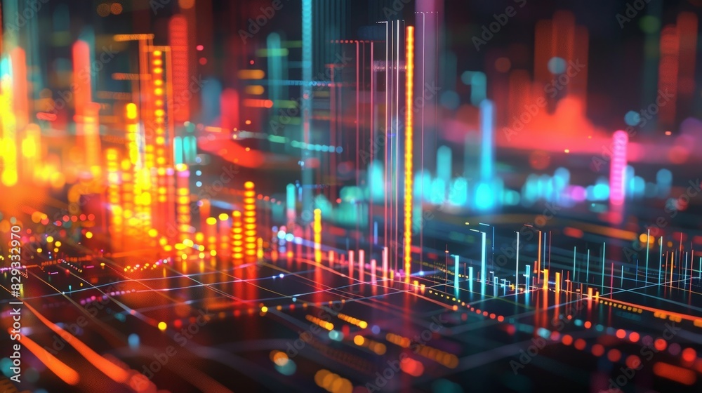 3D Economic Indicators: showing historical trends and modern data visualization techniques. Emphasize the importance of these indicators in financial analysis.