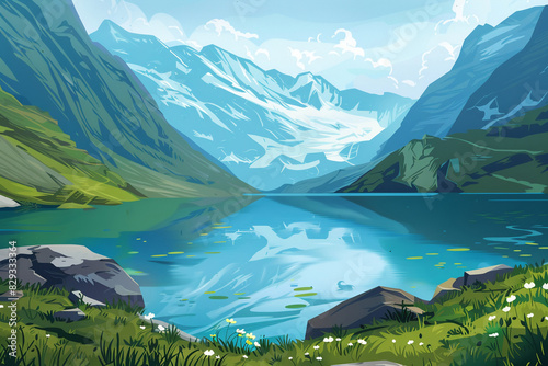 A pristine alpine lake surrounded by mountains.