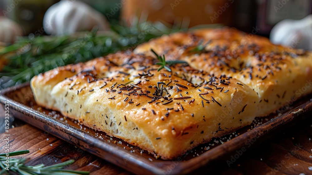 A serving of fresh baked focaccia, topped with rosemary. A serving of fresh baked focaccia, topped with rosemary.
