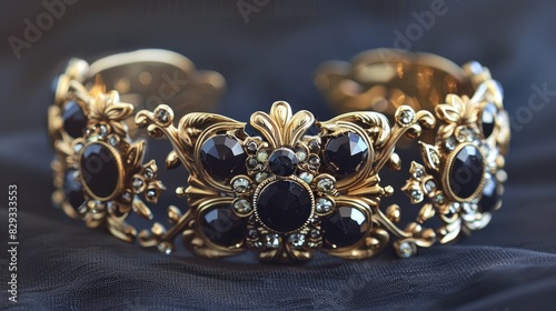 Golden bracelet adorned with black gemstones and rhinestones