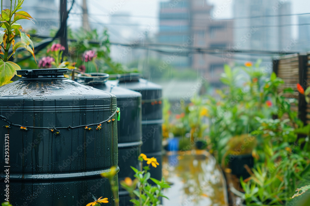Obraz premium A rainwater harvesting system in an urban area.