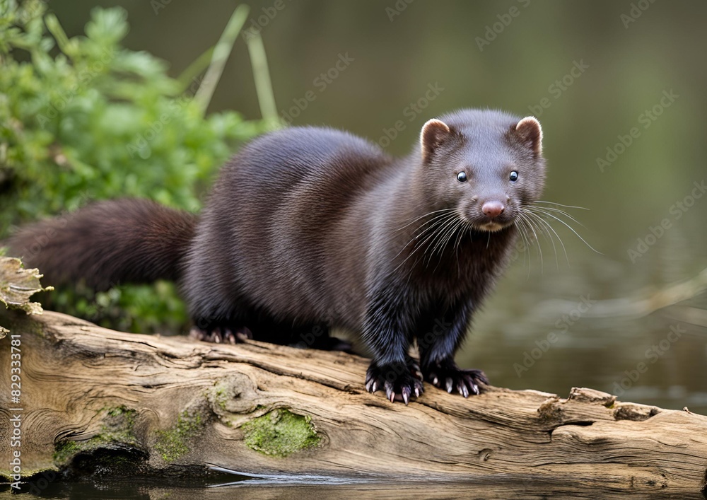 Adult American Mink (Neovison vison) standing on a log with both paws in view.