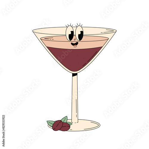 Retro groovy character summer cocktail. Cute alcohol beverage Tini espresso martini. Vintage vector illustration 70s, 80s style