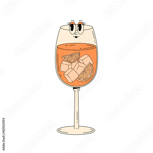 Retro groovy character summer cocktail. Cute alcohol beverage Aperol spritz. Vintage vector illustration 70s, 80s style