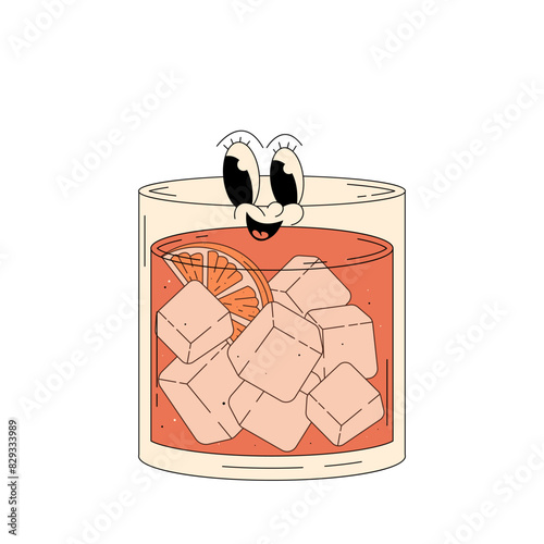 Retro groovy character summer cocktail. Cute alcohol beverage negroni. Vintage vector illustration 70s, 80s style