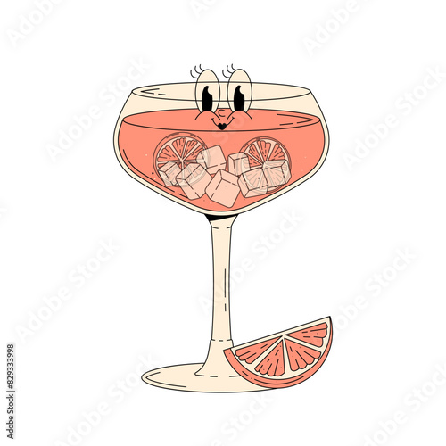 Retro groovy character summer cocktail. Cute alcohol beverage pink grapefruit spritz. Vintage vector illustration 70s, 80s style