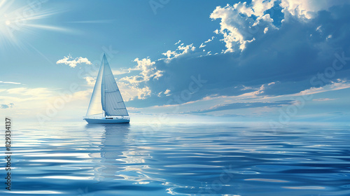 A sailboat gliding on a calm sea.