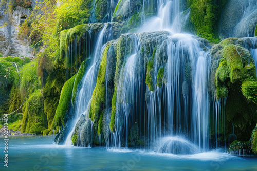 Beautiful waterfall in the forest with green mossy rocks and blue water  in an autumn nature background.