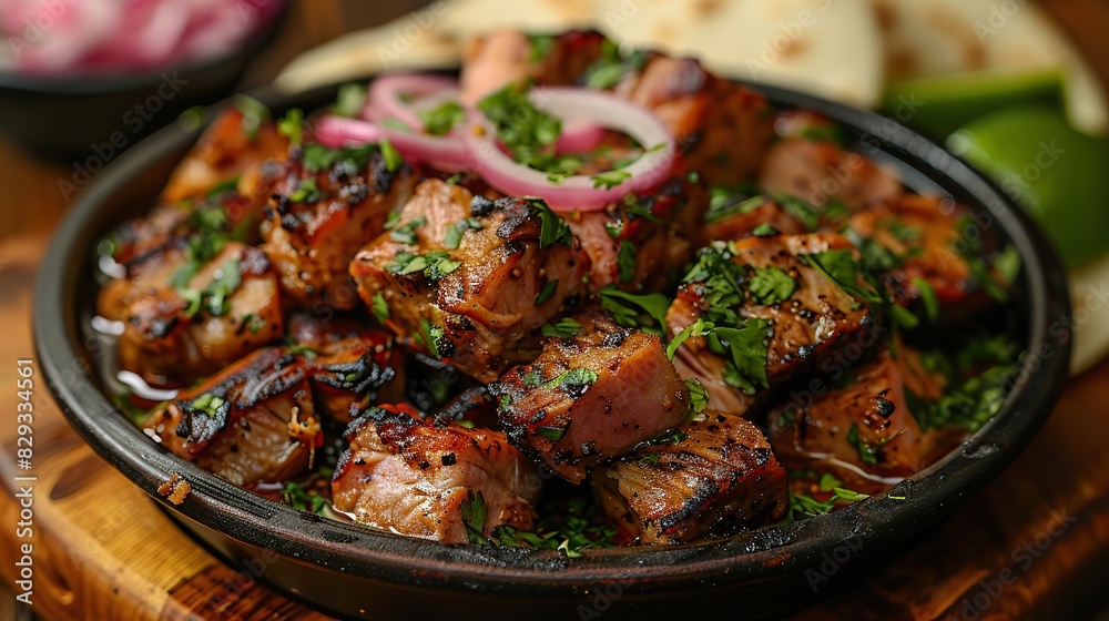 A dish of flavorful pork carnitas, served with tortillas. A dish of flavorful pork carnitas, served with tortillas.