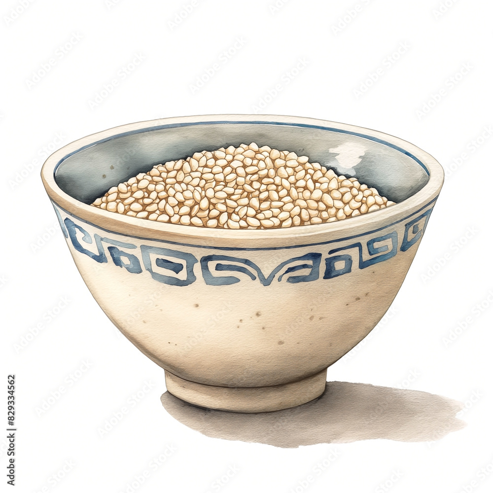 Pencil color anime art ,white sesame in a porcelain bowl , isolated on white background Pencil color anime art ,white sesame in a porcelain bowl , isolated on white background