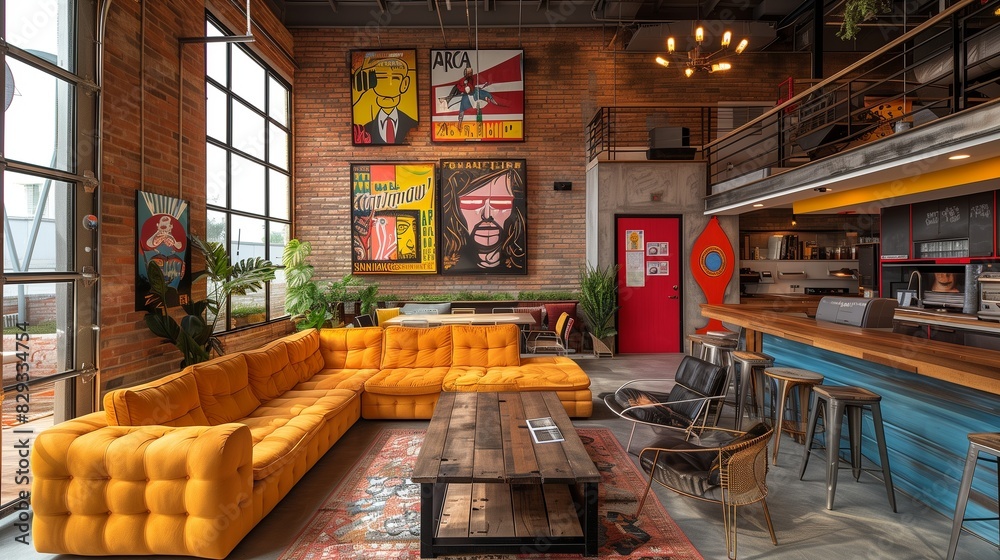 Creative agency workspace with vibrant decor, open plan, collaborative environment, casual atmosphere Creative agency workspace with vibrant decor, open plan, collaborative environment, casual atmosphere