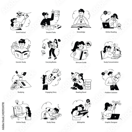 Bundle of Student Studying Doodle Mini Illustrations 

