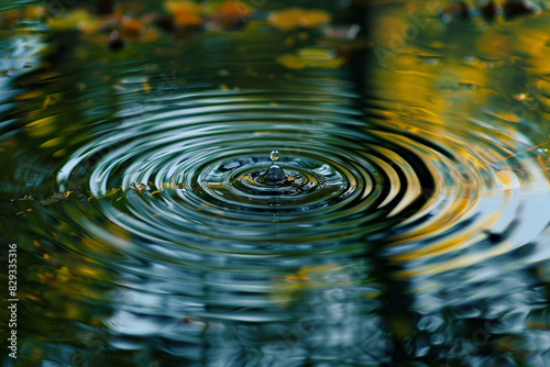 A water droplet creating ripples in a pond.