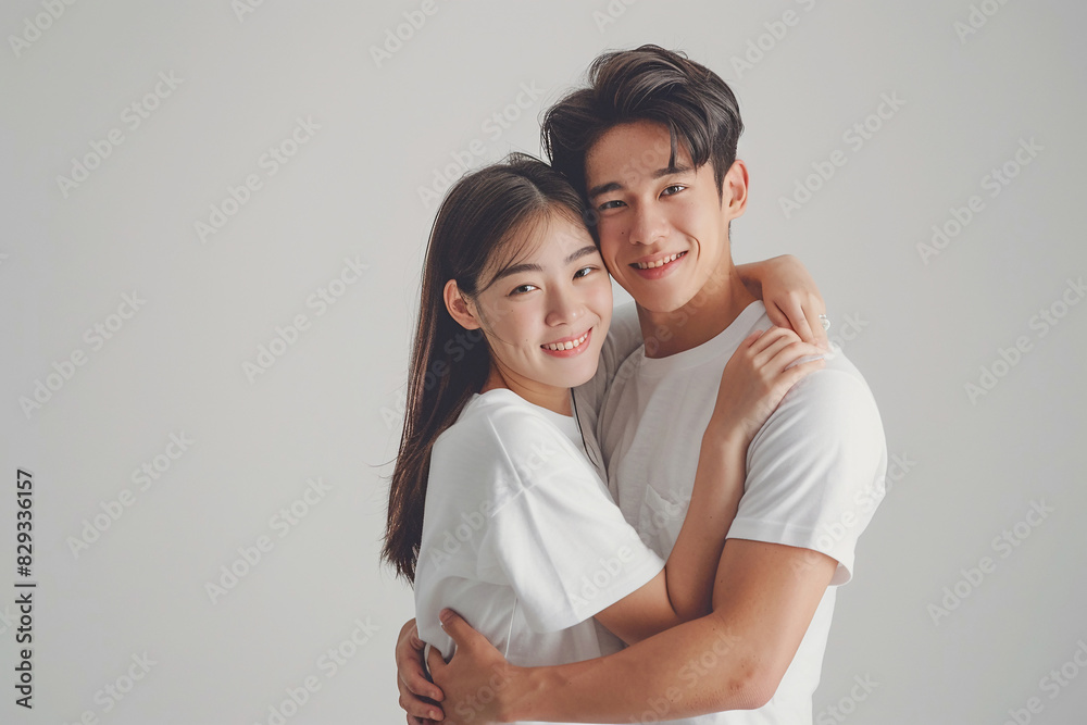 Asian couple in white shirt hug love full body light in studio Realristic on white background. Asian couple in white shirt hug love full body light in studio Realristic on white background.