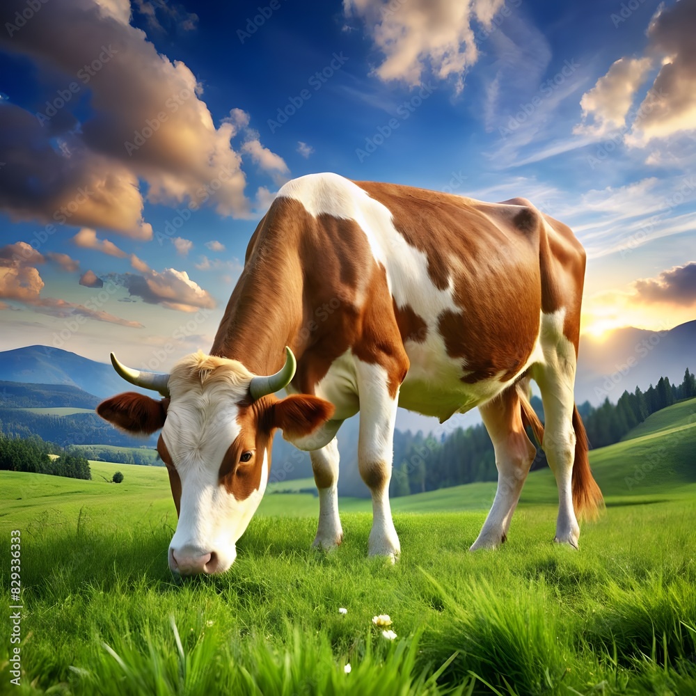 photorealistic view of cow grazing outdoors photorealistic view of cow grazing outdoors