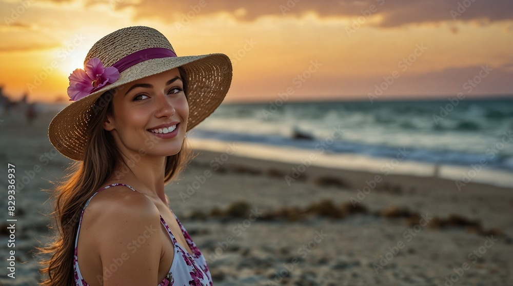 Beautiful woman on beach sunrise