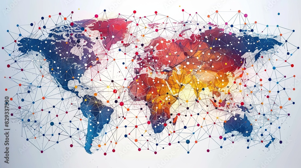 Global Connection Technology and Social Network Concept. World Map with Nodes and Links Representing Human Icon Teams, Digital Networking, and International Communication. Global Connection Technology and Social Network Concept. World Map with Nodes and Links Representing Human Icon Teams, Digital Networking, and International Communication.