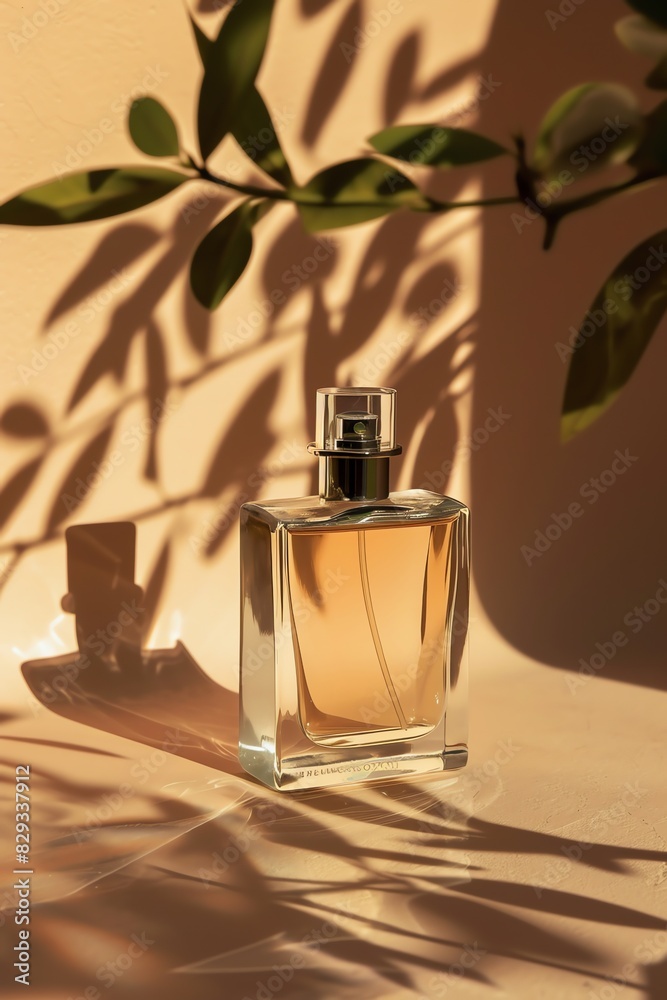 photograph, productive view, cylinder podium with perfume, solid cream background, mockup product, photograph, productive view, cylinder podium with perfume, solid cream background, mockup product,