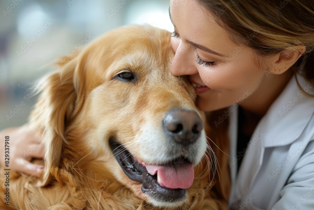 Veterinarian kisses dog on the head. Veterinarian kisses dog on the head.