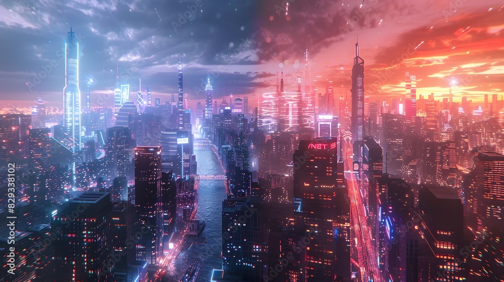 Fototapeta premium A cityscape with neon lights and a cloudy sky
